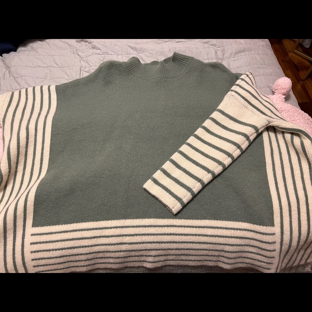 Striped Oversize Soft Knit Cape Sweater Mock Neck